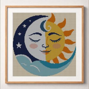 sun-and-moon-embracing framed cross stitch mockup, realistic finished embroidery design, PDF pattern digital download
