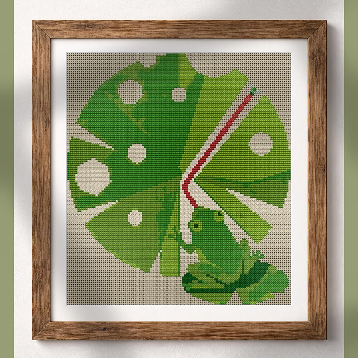 frog-performance alternative framed cross stitch mockup, realistic finished embroidery presentation