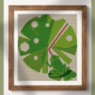 frog-performance alternative framed cross stitch mockup, realistic finished embroidery presentation