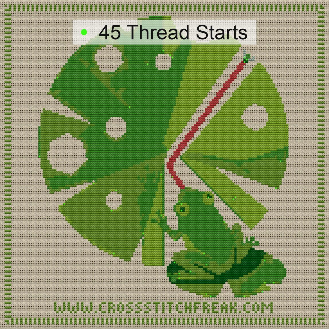 frog-performance cross stitch start point map with highlighted thread start positions in the full design