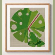 frog-performance framed cross stitch mockup, realistic finished embroidery design, PDF pattern digital download