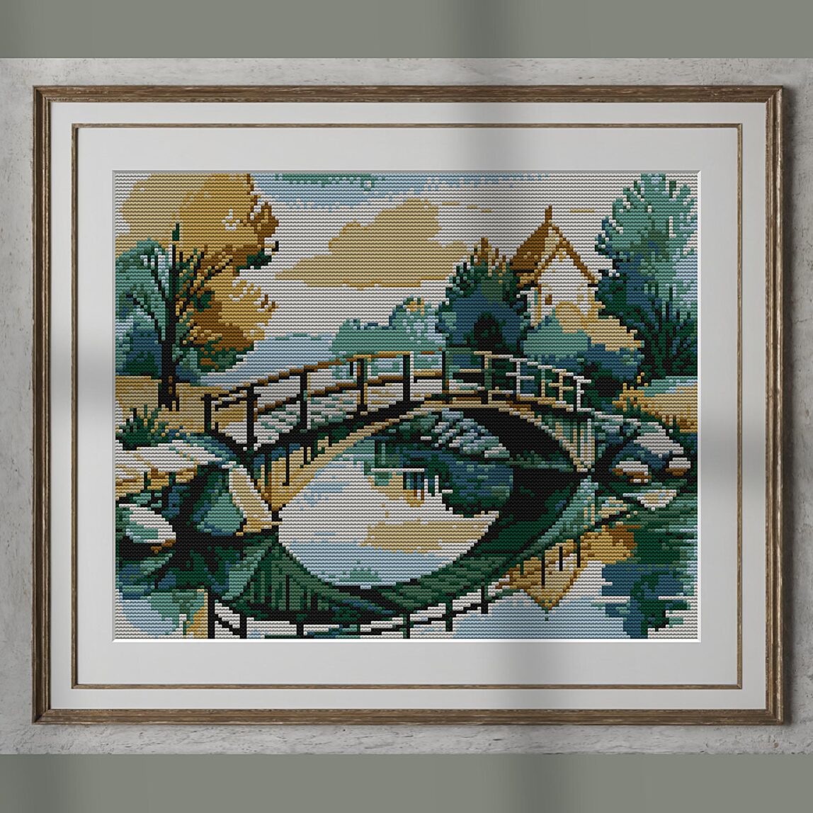 bridge-over-river alternative framed mockup bridge-over-river alternative framed cross stitch mockup, realistic finished embroidery presentation