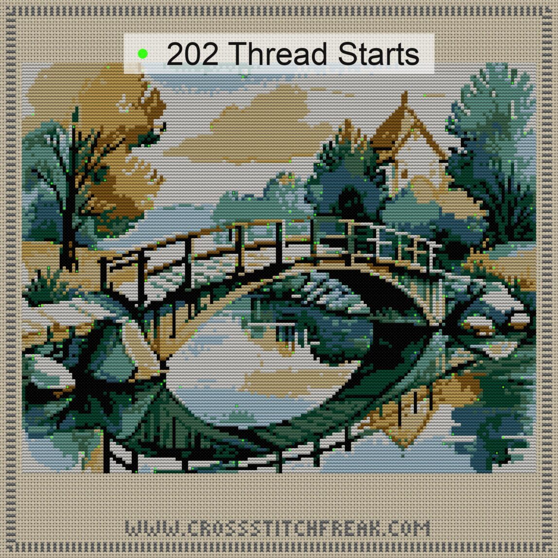 bridge-over-river thread start point map bridge-over-river cross stitch start point map with highlighted thread start positions in the full design