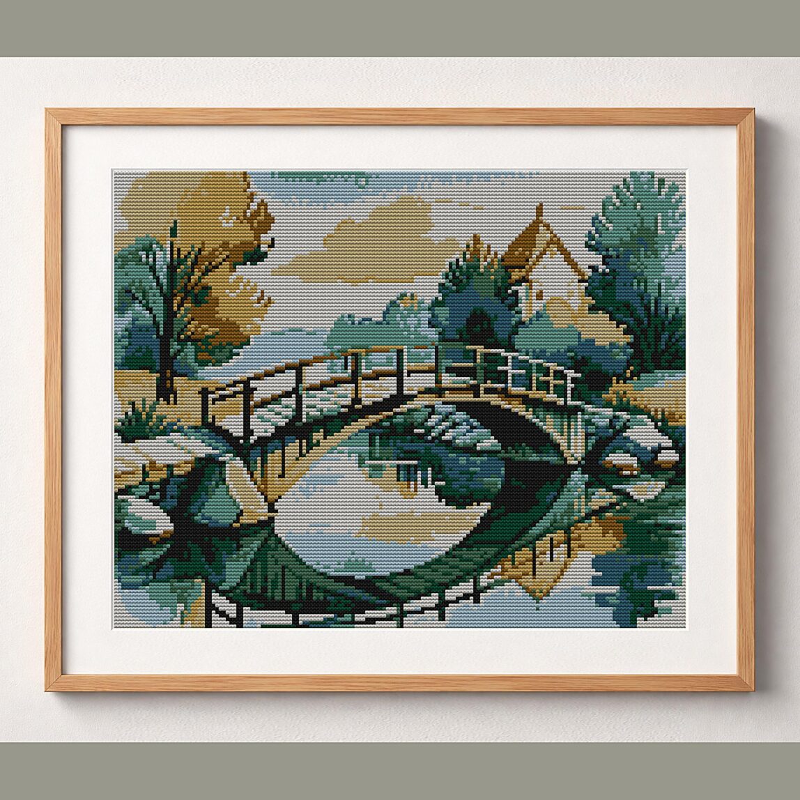 bridge-over-river framed cross stitch mockup bridge-over-river framed cross stitch mockup, realistic finished embroidery design, PDF pattern digital download