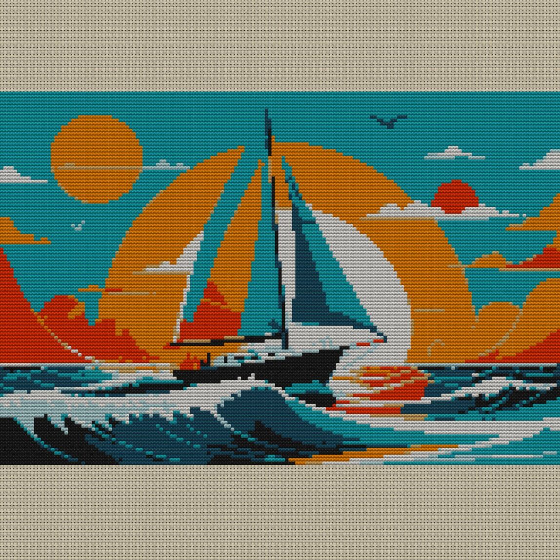 sailboat full design mockup without frame sailboat full cross stitch design mockup without frame, realistic embroidery preview