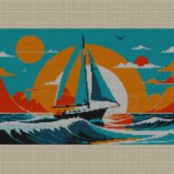 sailboat full cross stitch design mockup without frame, realistic embroidery preview