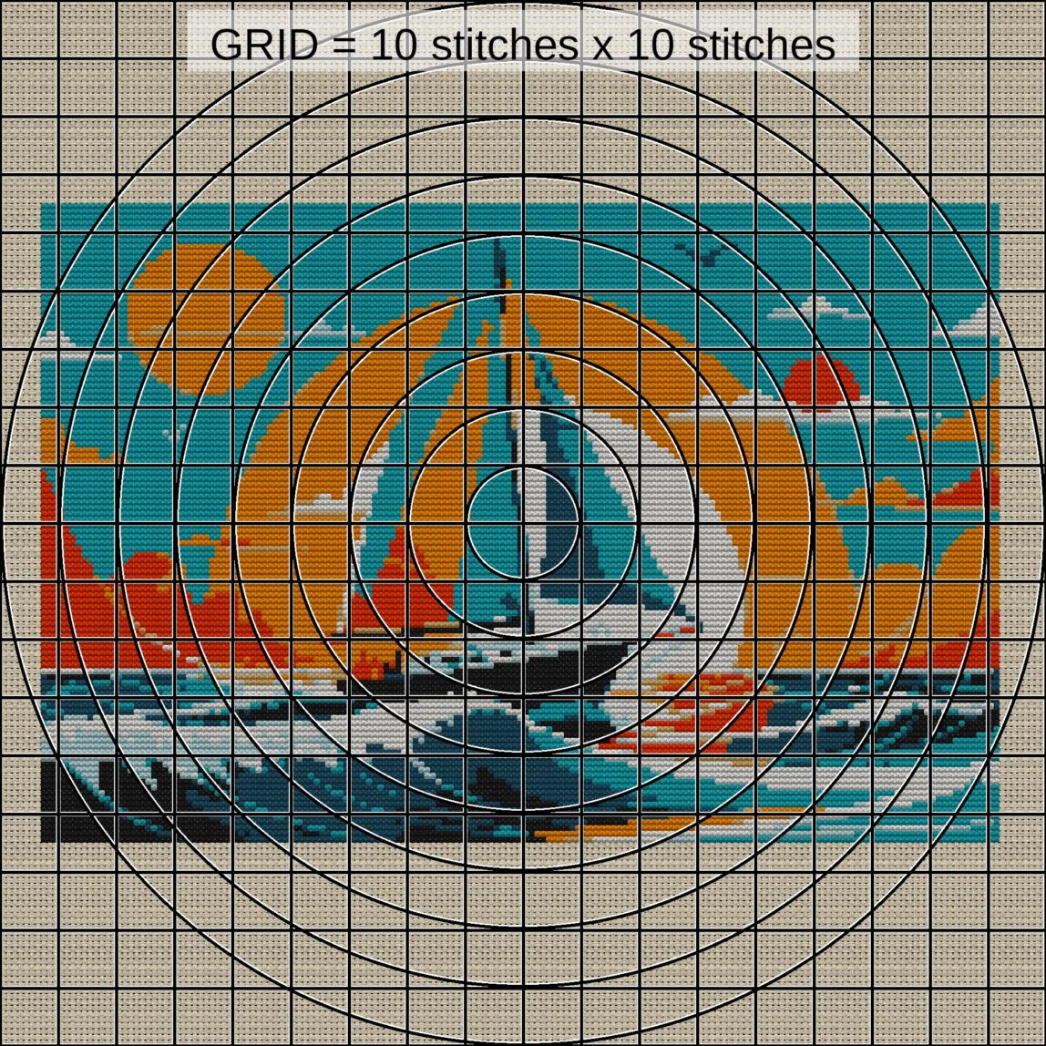 sailboat zoomed stitching detail sailboat close-up cross stitch detail showing color changes, confetti areas and stitch texture