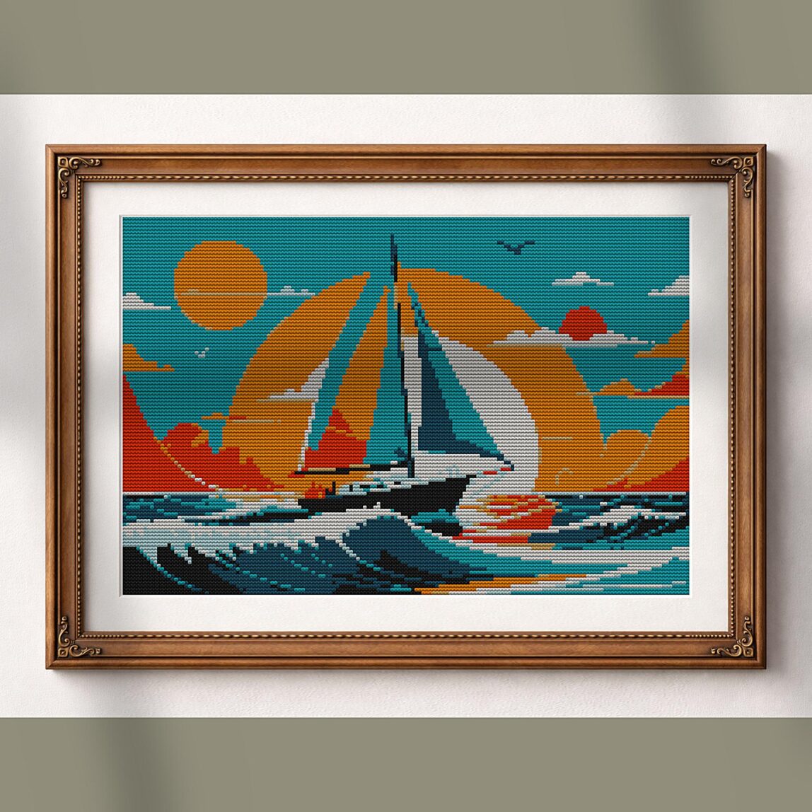 sailboat alternative framed mockup sailboat alternative framed cross stitch mockup, realistic finished embroidery presentation