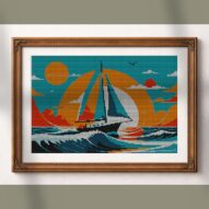 sailboat alternative framed cross stitch mockup, realistic finished embroidery presentation