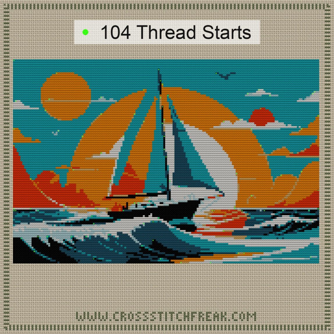 sailboat thread start point map sailboat cross stitch start point map with highlighted thread start positions in the full design