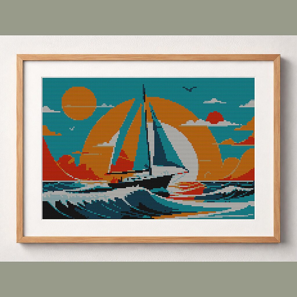 sailboat framed cross stitch mockup, realistic finished embroidery design, PDF pattern digital download