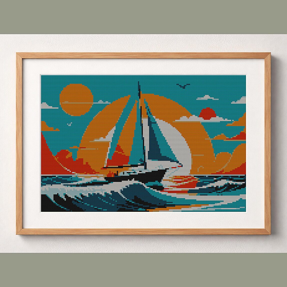 sailboat framed cross stitch mockup sailboat framed cross stitch mockup, realistic finished embroidery design, PDF pattern digital download