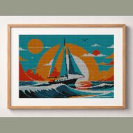 sailboat framed cross stitch mockup, realistic finished embroidery design, PDF pattern digital download