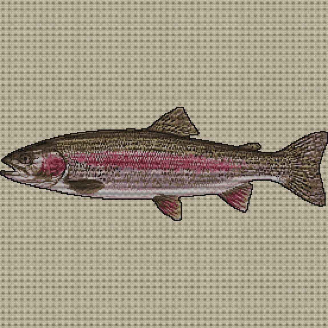 rainbow-trout-oncorhynchu full cross stitch design mockup without frame, realistic embroidery preview