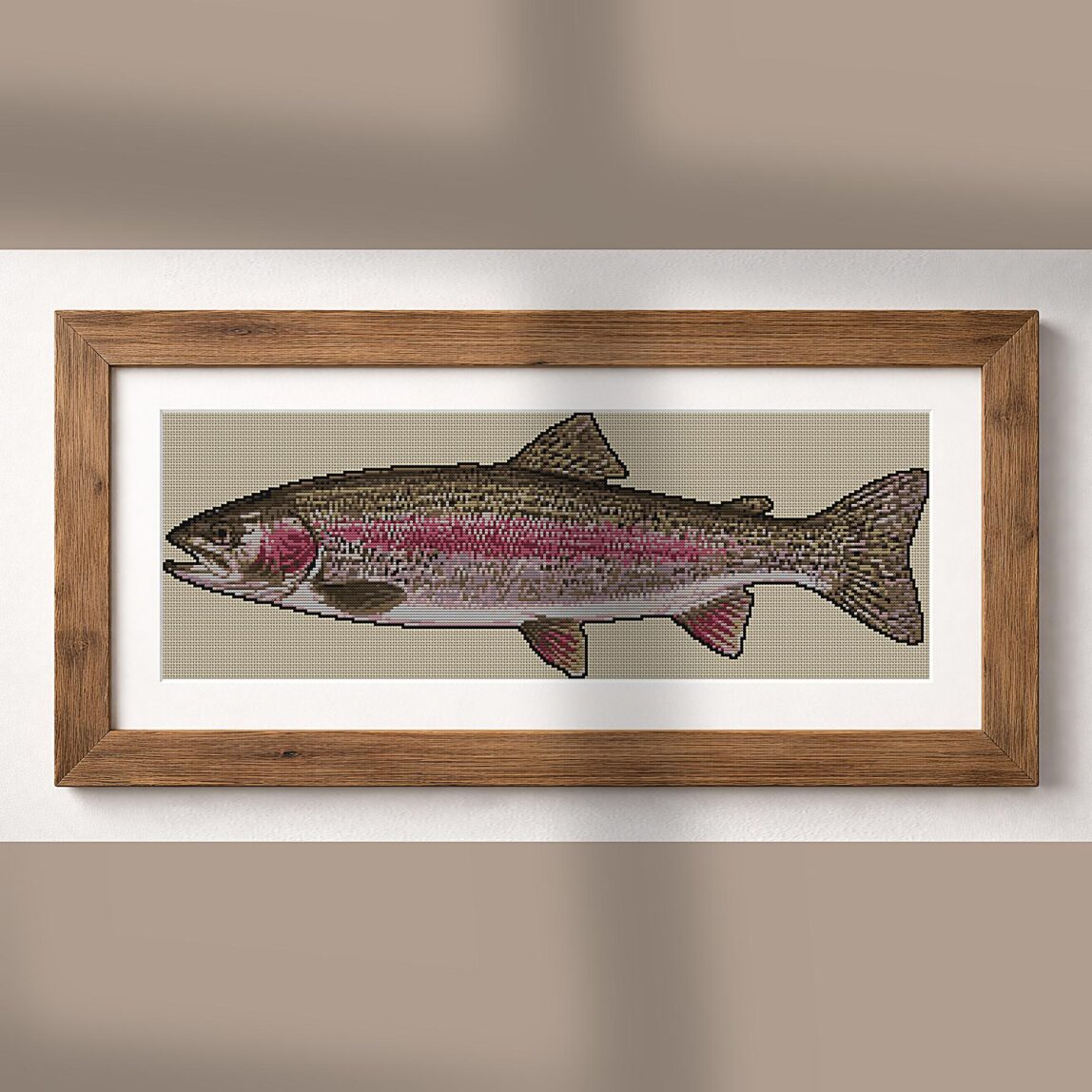 rainbow-trout-oncorhynchu alternative framed cross stitch mockup, realistic finished embroidery presentation