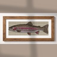 rainbow-trout-oncorhynchu alternative framed cross stitch mockup, realistic finished embroidery presentation