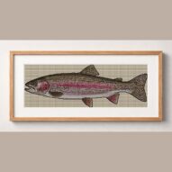 rainbow-trout-oncorhynchu framed cross stitch mockup, realistic finished embroidery design, PDF pattern digital download