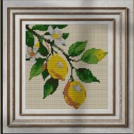 lemon-branch alternative framed cross stitch mockup, realistic finished embroidery presentation