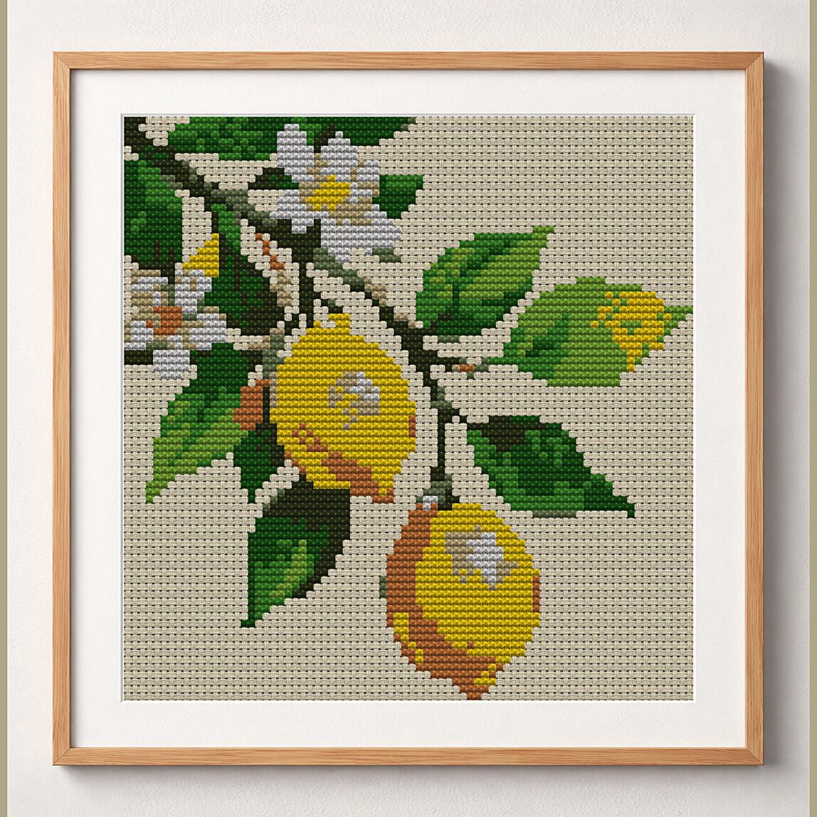 lemon-branch framed cross stitch mockup, realistic finished embroidery design, PDF pattern digital download