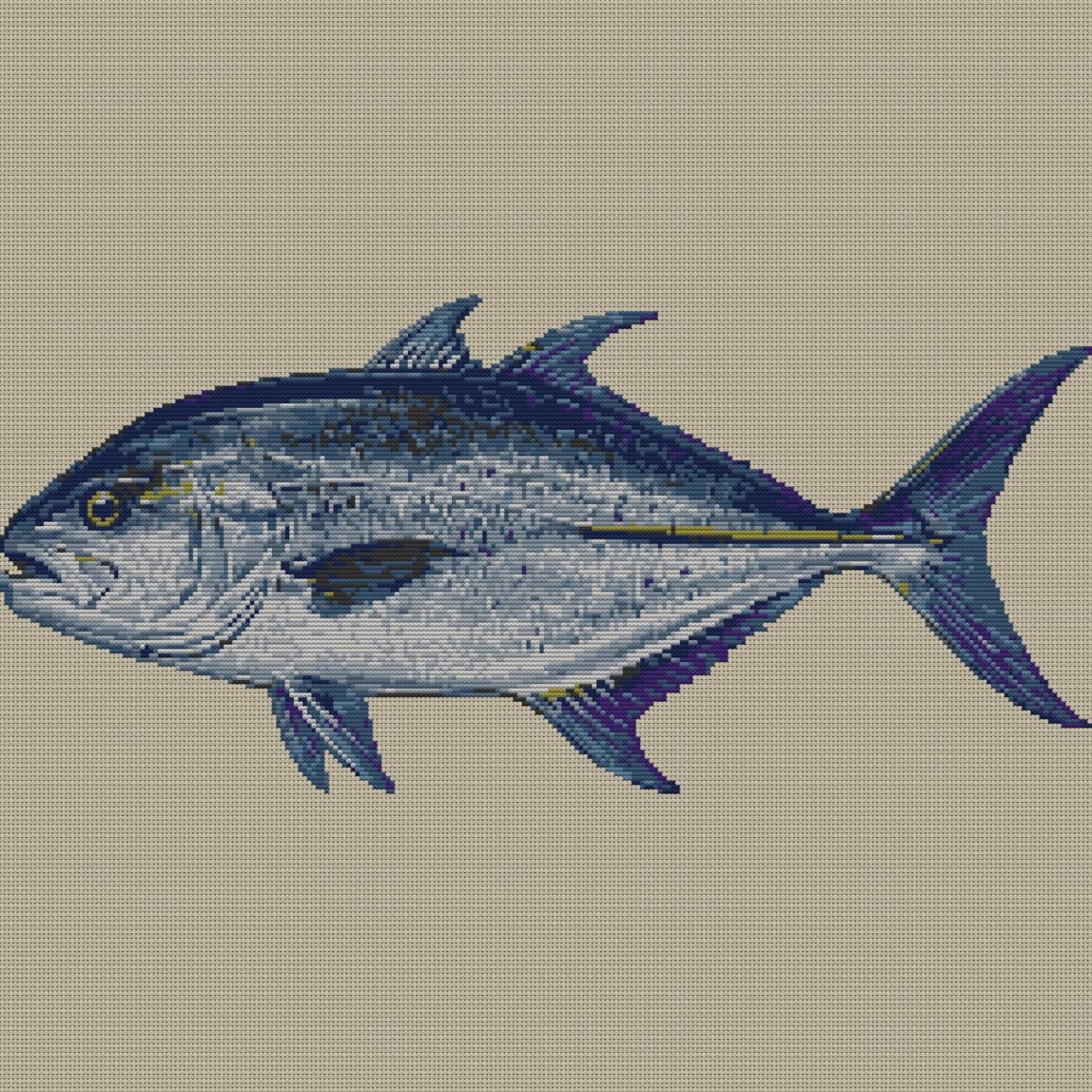 bluefin-trevally-caranx-m full design mockup without frame bluefin-trevally-caranx-m full cross stitch design mockup without frame, realistic embroidery preview