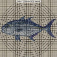 bluefin-trevally-caranx-m close-up cross stitch detail showing color changes, confetti areas and stitch texture