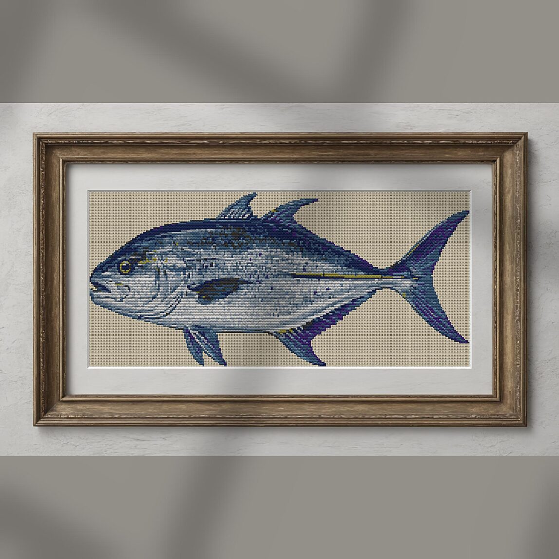 bluefin-trevally-caranx-m alternative framed mockup bluefin-trevally-caranx-m alternative framed cross stitch mockup, realistic finished embroidery presentation