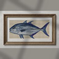 bluefin-trevally-caranx-m alternative framed cross stitch mockup, realistic finished embroidery presentation