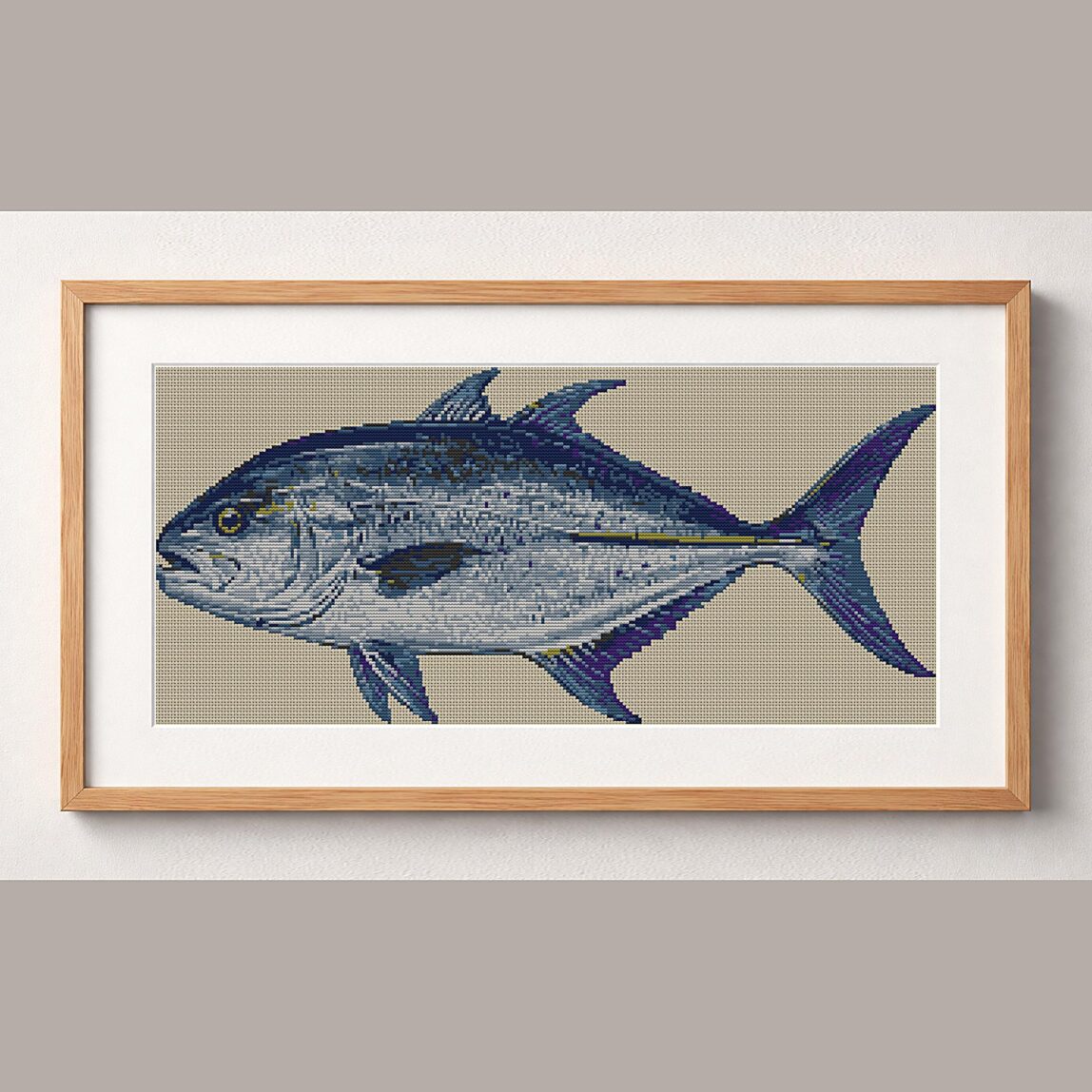 bluefin-trevally-caranx-m framed cross stitch mockup bluefin-trevally-caranx-m framed cross stitch mockup, realistic finished embroidery design, PDF pattern digital download