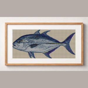 bluefin-trevally-caranx-m framed cross stitch mockup, realistic finished embroidery design, PDF pattern digital download