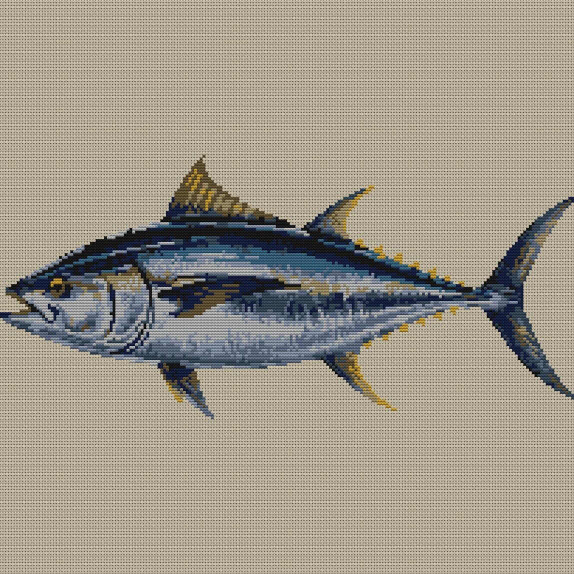 atlantic-bluefin-tuna-thu full cross stitch design mockup without frame, realistic embroidery preview