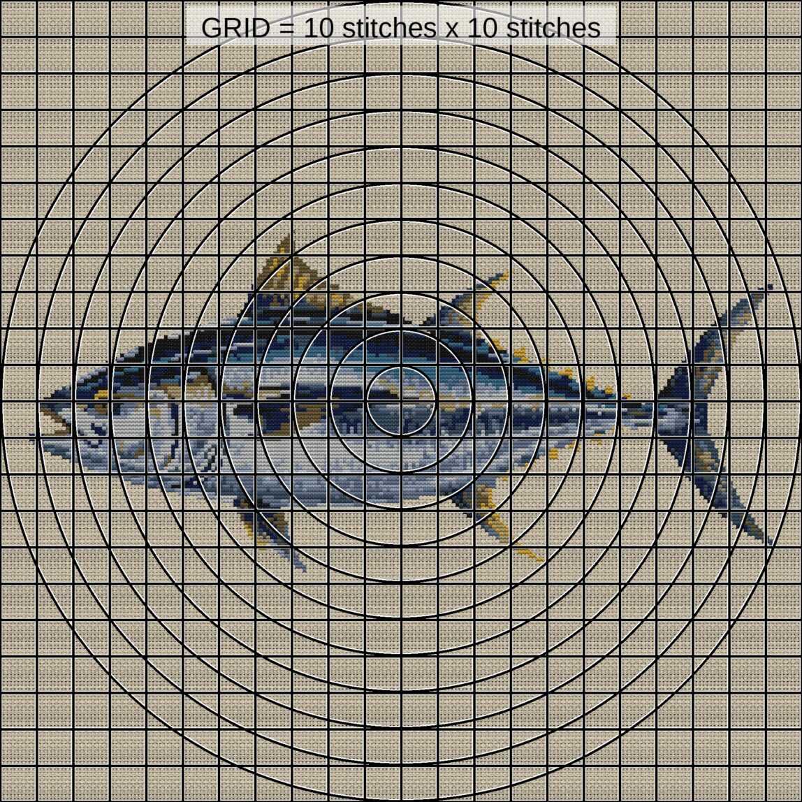 atlantic-bluefin-tuna-thu close-up cross stitch detail showing color changes, confetti areas and stitch texture