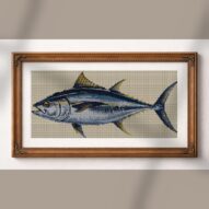atlantic-bluefin-tuna-thu alternative framed cross stitch mockup, realistic finished embroidery presentation