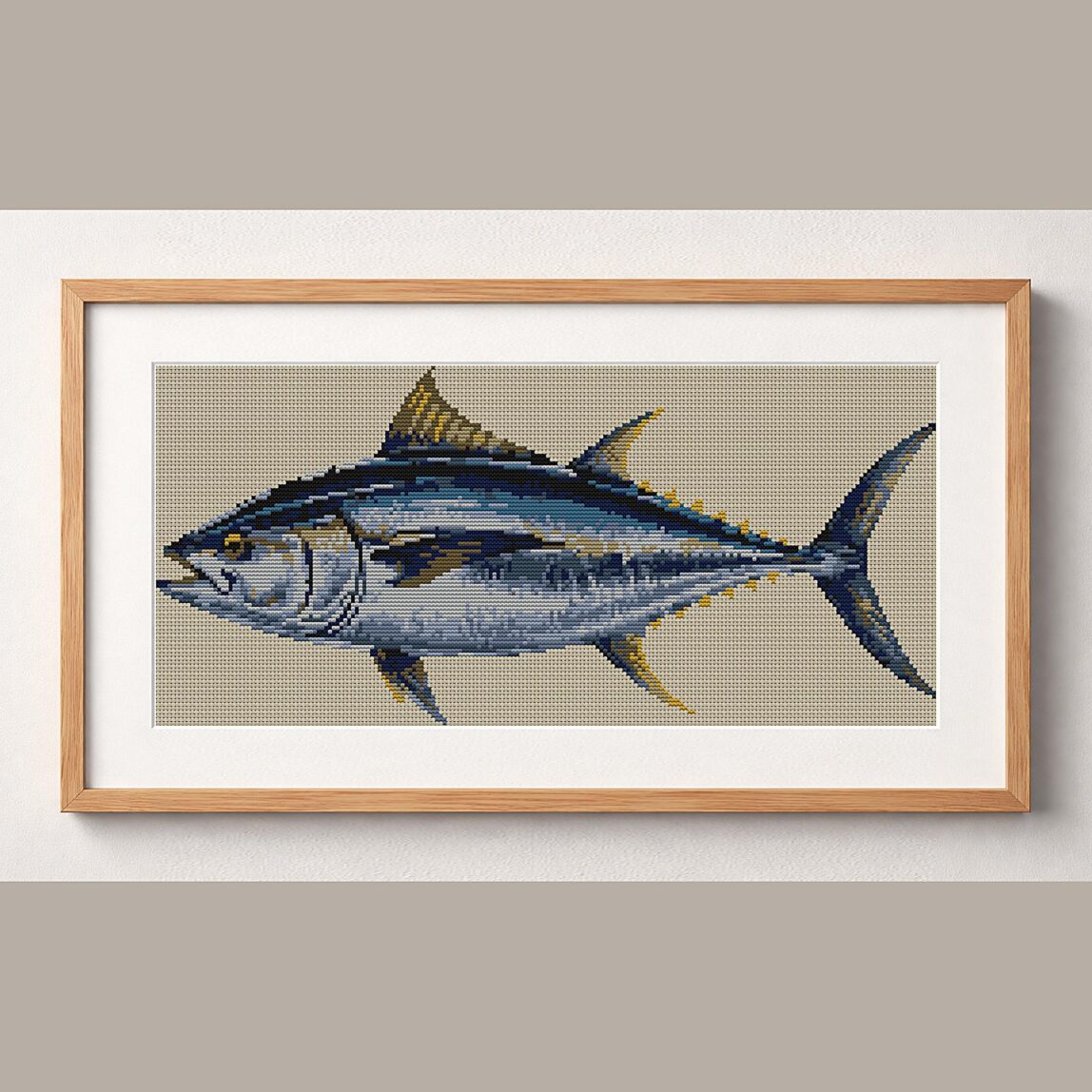 atlantic-bluefin-tuna-thu framed cross stitch mockup, realistic finished embroidery design, PDF pattern digital download