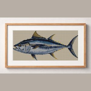 atlantic-bluefin-tuna-thu framed cross stitch mockup, realistic finished embroidery design, PDF pattern digital download