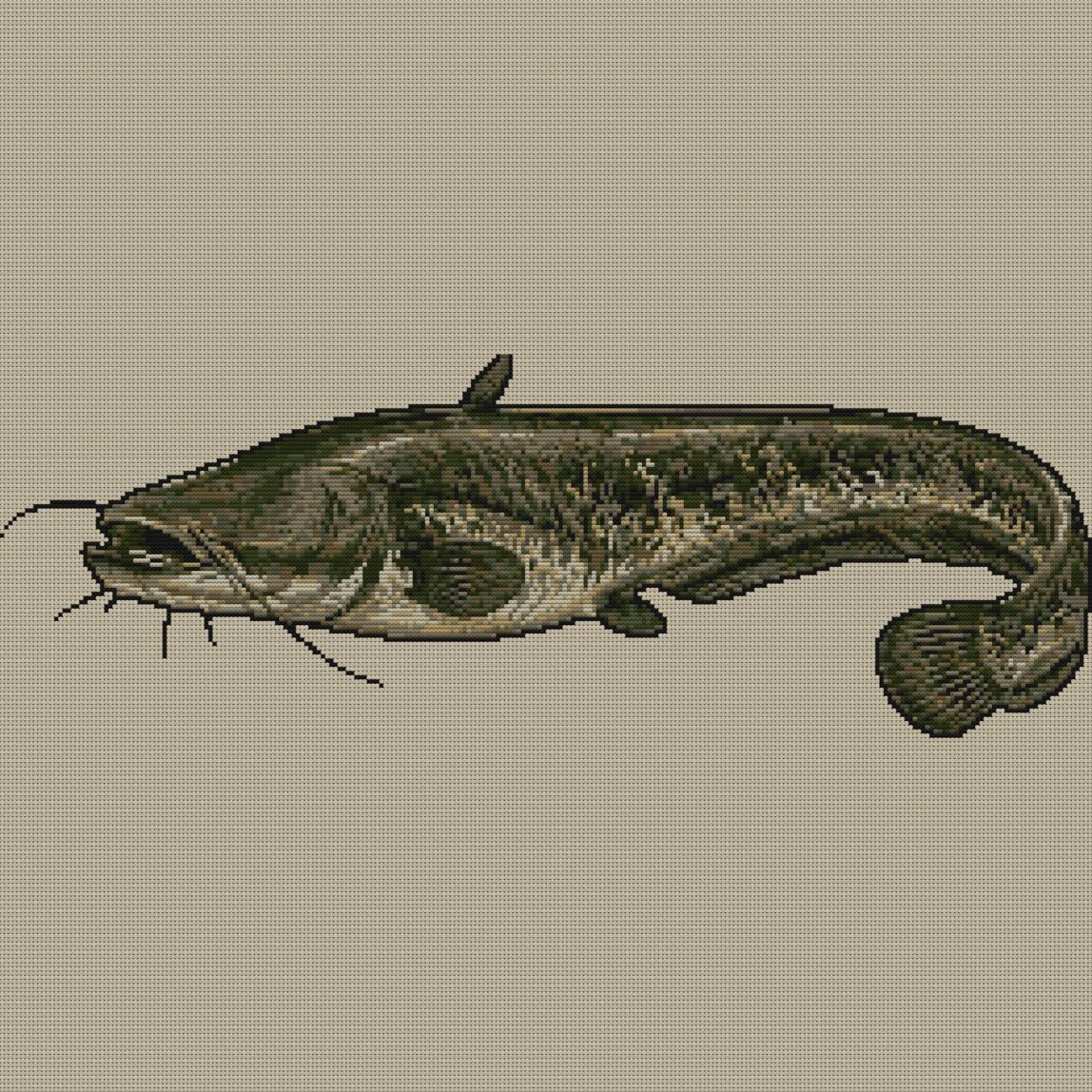 wels-catfish-silurus-glan full design mockup without frame wels-catfish-silurus-glan full cross stitch design mockup without frame, realistic embroidery preview