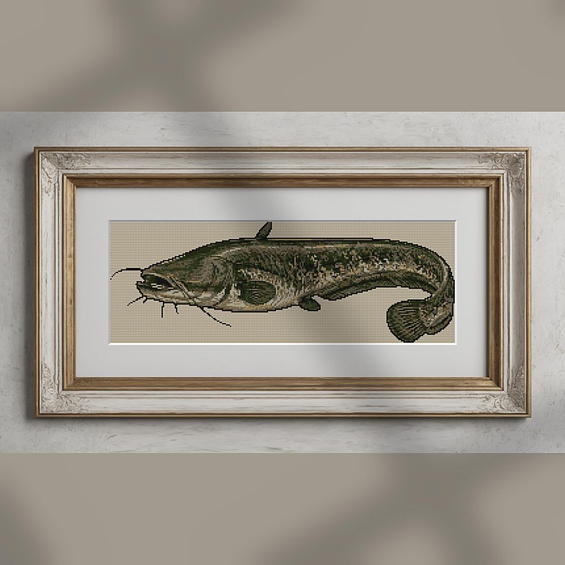 wels-catfish-silurus-glan alternative framed mockup wels-catfish-silurus-glan alternative framed cross stitch mockup, realistic finished embroidery presentation