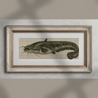 wels-catfish-silurus-glan alternative framed cross stitch mockup, realistic finished embroidery presentation