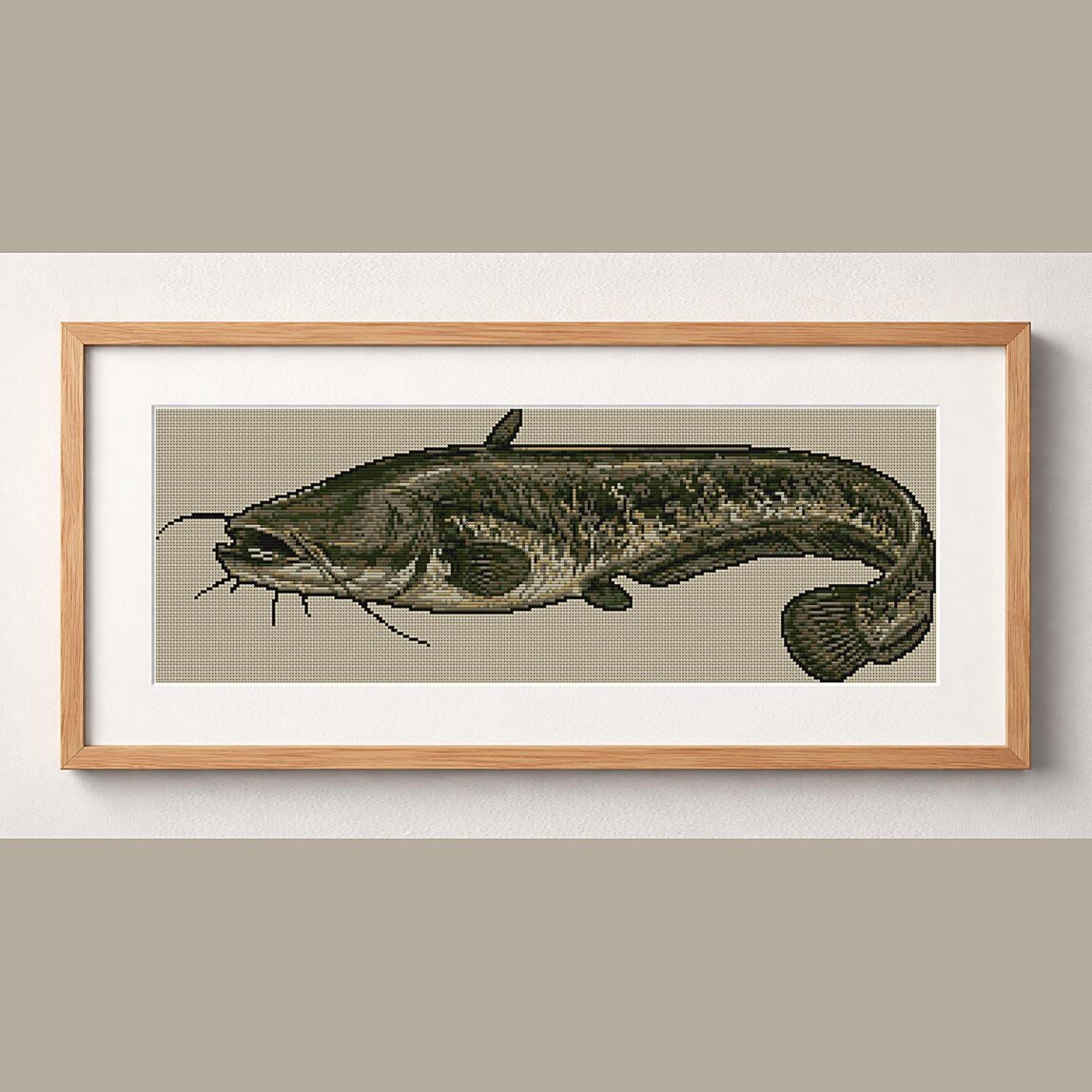 wels-catfish-silurus-glan framed cross stitch mockup wels-catfish-silurus-glan framed cross stitch mockup, realistic finished embroidery design, PDF pattern digital download