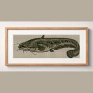 wels-catfish-silurus-glan framed cross stitch mockup, realistic finished embroidery design, PDF pattern digital download