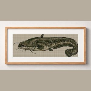 wels-catfish-silurus-glan framed cross stitch mockup, realistic finished embroidery design, PDF pattern digital download