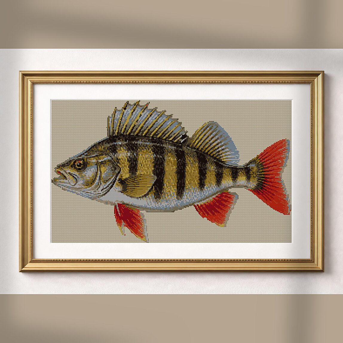 european-perch-perca-fluv alternative framed mockup european-perch-perca-fluv alternative framed cross stitch mockup, realistic finished embroidery presentation