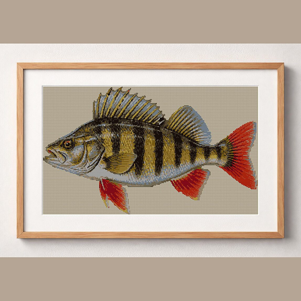 european-perch-perca-fluv framed cross stitch mockup european-perch-perca-fluv framed cross stitch mockup, realistic finished embroidery design, PDF pattern digital download