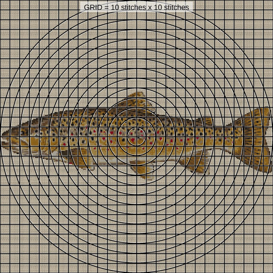brown-trout-salmo-trutta close-up cross stitch detail showing color changes, confetti areas and stitch texture