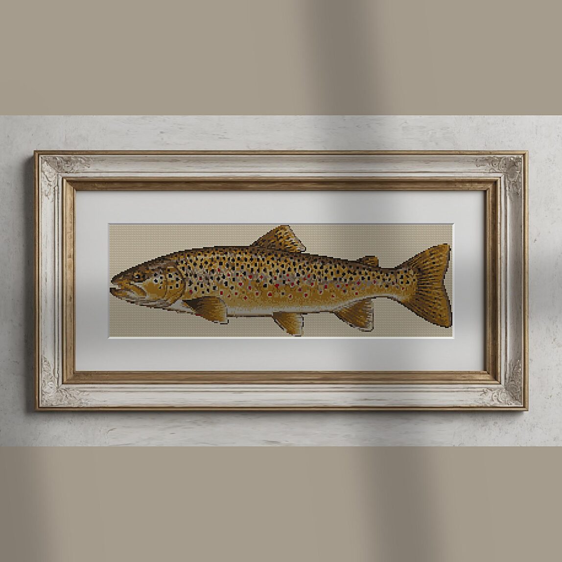 brown-trout-salmo-trutta alternative framed cross stitch mockup, realistic finished embroidery presentation