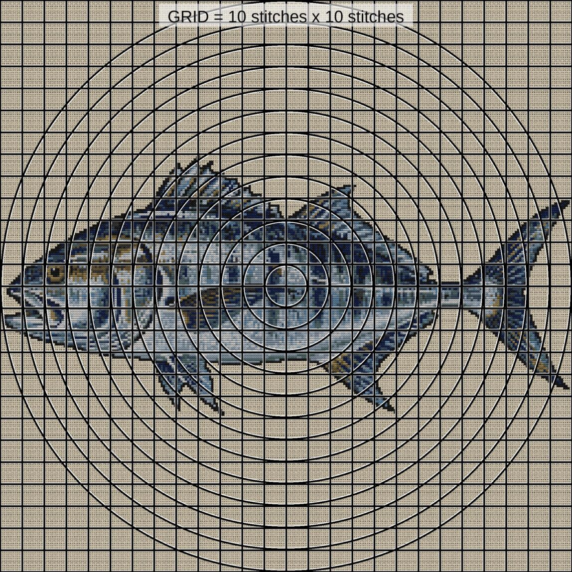 giant-trevally-caranx-ign close-up cross stitch detail showing color changes, confetti areas and stitch texture