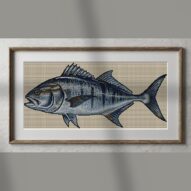 giant-trevally-caranx-ign alternative framed cross stitch mockup, realistic finished embroidery presentation