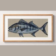giant-trevally-caranx-ign framed cross stitch mockup, realistic finished embroidery design, PDF pattern digital download