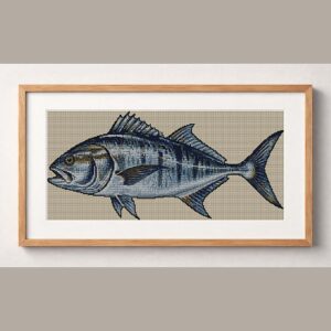 giant-trevally-caranx-ign framed cross stitch mockup, realistic finished embroidery design, PDF pattern digital download