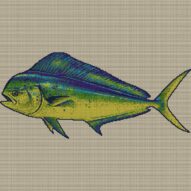 mahi-mahi-coryphaena-hipp full cross stitch design mockup without frame, realistic embroidery preview