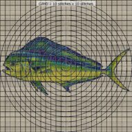 mahi-mahi-coryphaena-hipp close-up cross stitch detail showing color changes, confetti areas and stitch texture